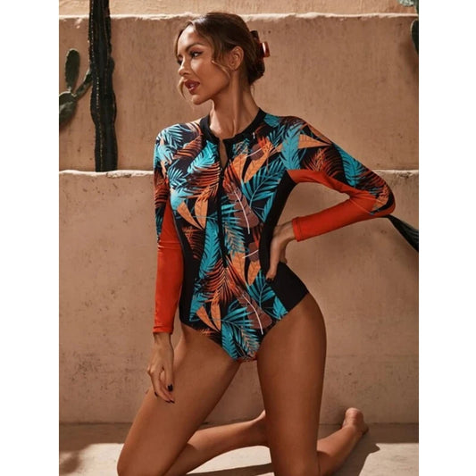 Surfing Sport Push Up Long Sleeve Set One Piece Bathers Women Floral Swimwear Bathing Suit Summer Beachwear
