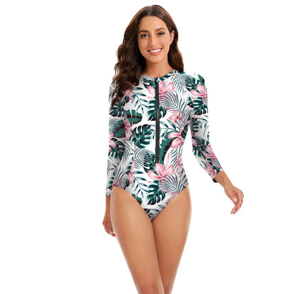 Womens Athletic One Piece Swimsuits Rashguard Long Sleeve Swimsuit Sports Surfing Swimwear Bathing Suits Printed Half Zipper XXL