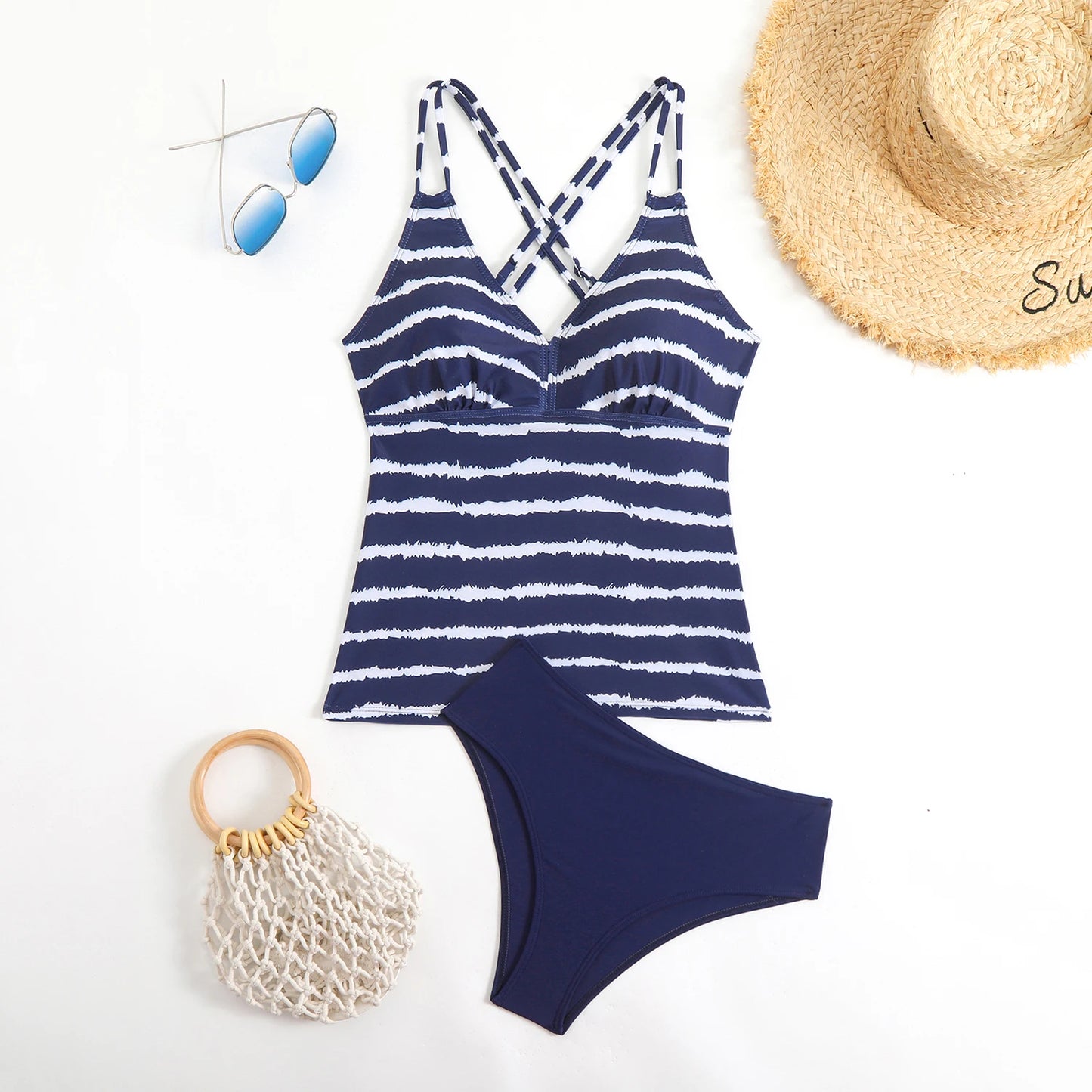 Strappy Tankini Set Two Pieces Swimsuit Women Striped Swimwear Female Bathers Bathing Swimming Swim Suit Beachwear XXL