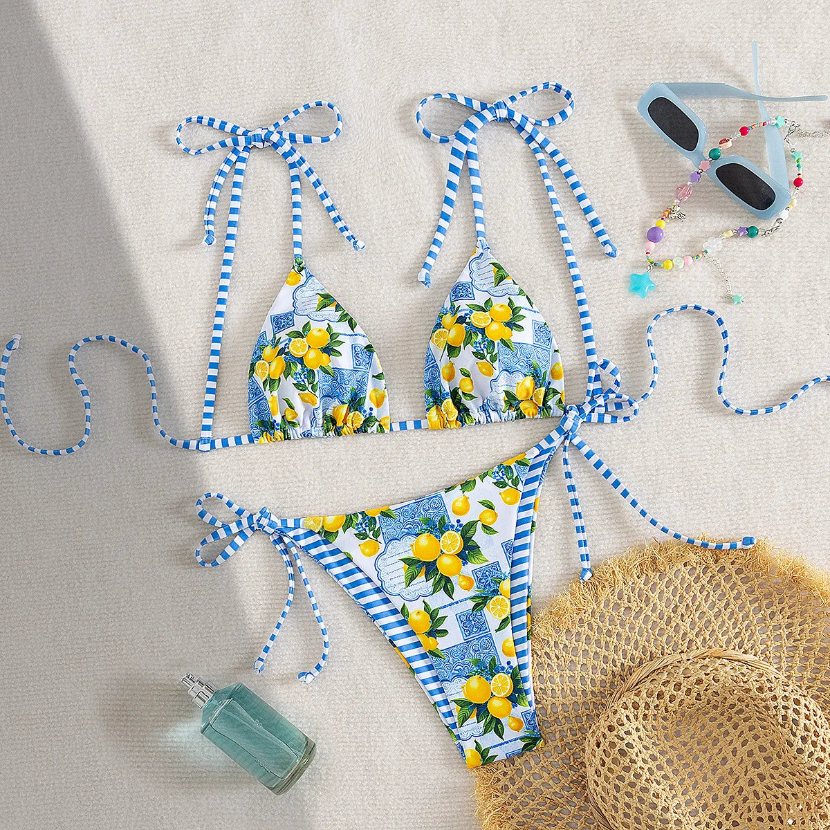 Blue Fruit Print Micro Bikini Women Tie Up Strap Push Up Triangle Swimsuit Beach Bathing Suit Holiday 2 Piece Swimwear