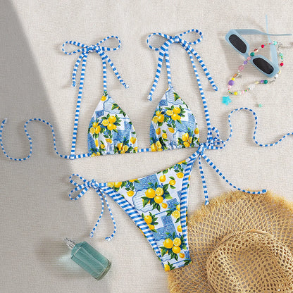 Blue Fruit Print Micro Bikini Women Tie Up Strap Push Up Triangle Swimsuit Beach Bathing Suit Holiday 2 Piece Swimwear
