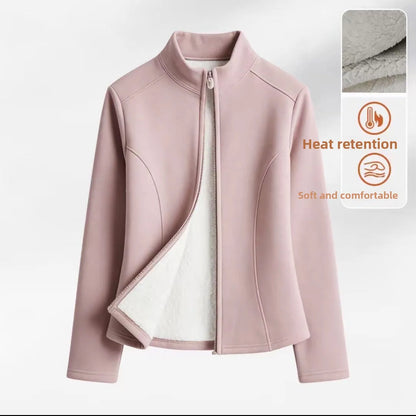 Women's Fleece Lined Slim Fit Yoga Jacket Stand Collar Thickened Zipper Short Coat Warm Fitness Outerwear for Autumn Winter