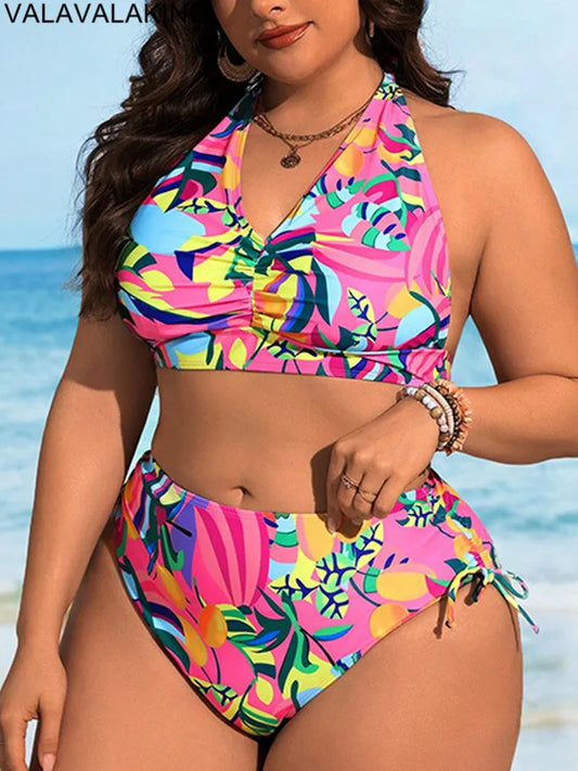 Lady Print 2 Piece Plus Size Bikini Set Women Tied Halter Large Big Swimsuit High Waist Brazilian Curvy Bathing Suit