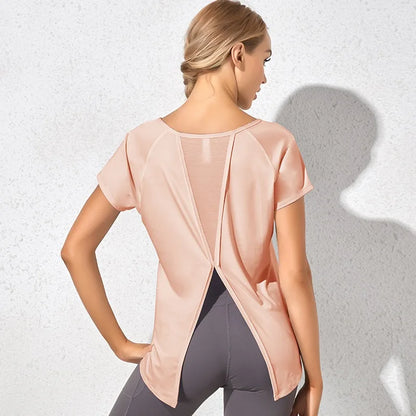 Mesh Back Dovetail Split Beauty Back Yoga Top Round Neck Fast Drying Sports Wear Breathable Gym Workout Pilates Shirts