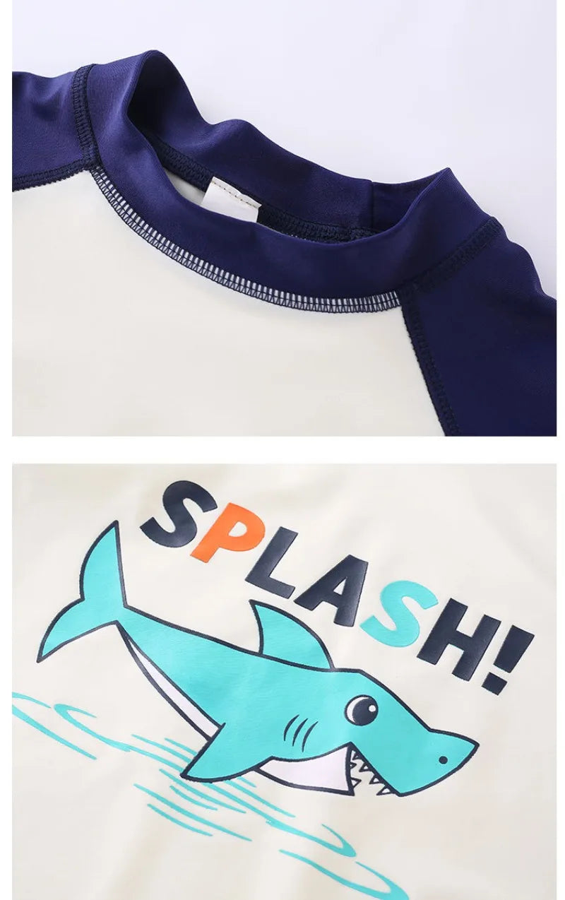 Children's Quick-Drying Swimsuit with Swim Cap, Boy's Long Sleeve Sunscreen Split Swimwear, Sun Protection Beach Clothes