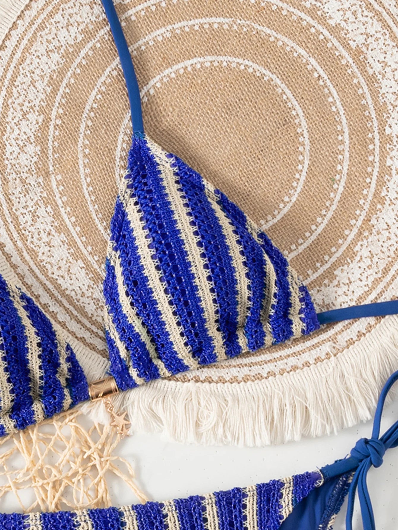 Blue Striped Bikini Set Women Metal Starfish Ornament Push Up Swimsuit Brazilian Beach Bathing Suit Thong Swimwear