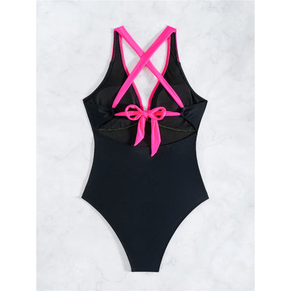 S - XL Splicing V Neck Cross Back Women Swimwear One Piece Swimsuit Female High Cut Leg Padded Bather Bathing Suit Swim