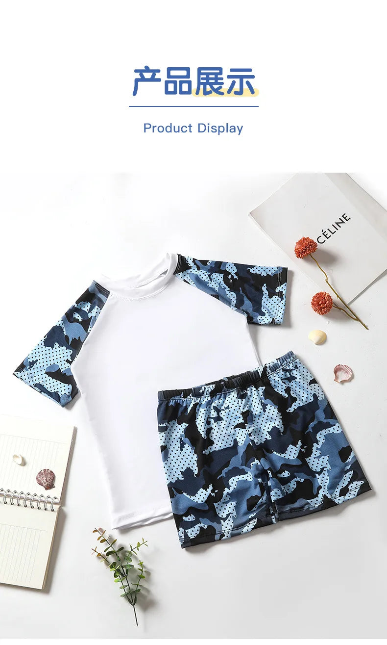 Camouflage Kids Swimsuit Boy Swim Trunks Set Surf Suit Boys Split Short Sleeve Swimsuit Korean Version Baby Swimsuit Plus Size