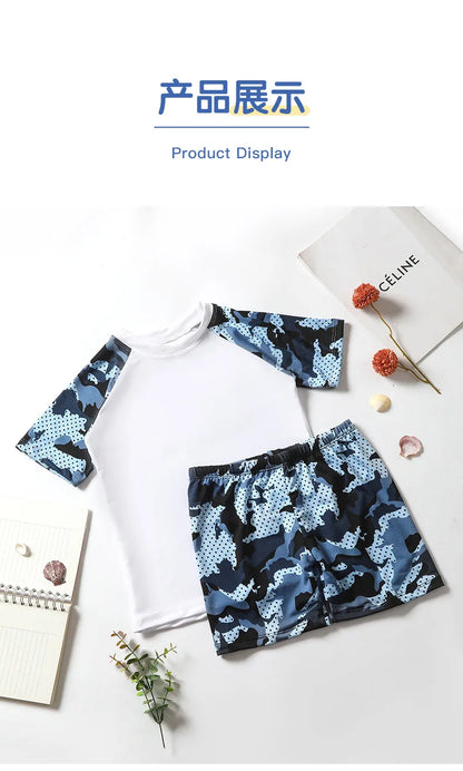 Camouflage Kids Swimsuit Boy Swim Trunks Set Surf Suit Boys Split Short Sleeve Swimsuit Korean Version Baby Swimsuit Plus Size