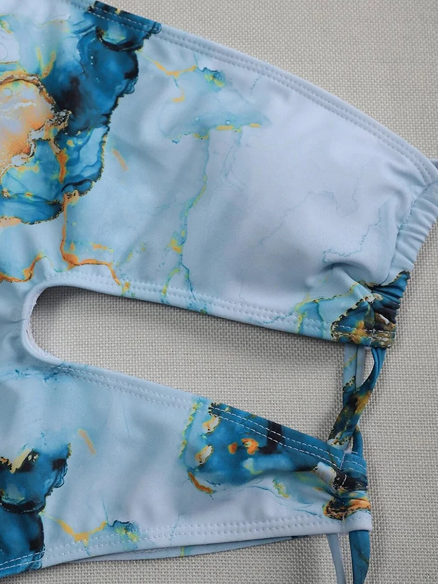 Marble Print One Shoulder Women Swimwear One Piece Swimsuit Female Monokini Bather High Cut Out Bathing Suit Swim