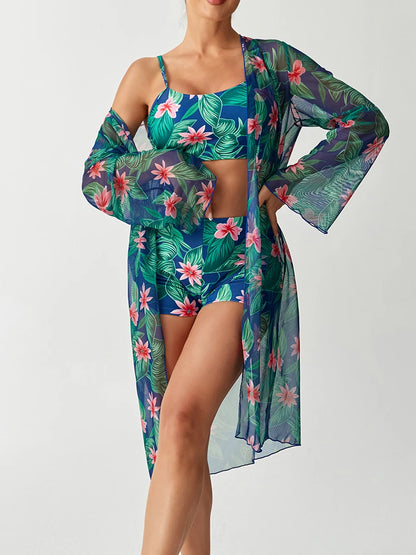 3 Pieces Strappy Bikinis With Kimono Swimsuit Women Printed High Waist Swimwear Female Bathers Bathing Swimming Swim Suit