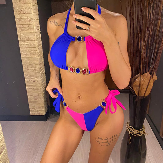 8 Colors Diamond Rhinestones Splicing Bikini Women Swimwear Female Swimsuit Two-pieces Bikini set Bather Bathing Suit Swim