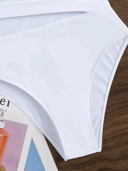 Ruffle Contrast Mesh Swimsuit Women One Piece Swimwear Bodysuit Bathers Bathing Swimming Swim Suit Sports Beachwear