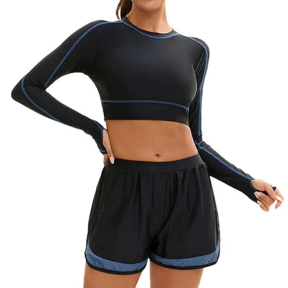 Women's Long Sleeve High Waist Two-Piece Swimsuit Sporty Color Block Surfing Rash Guard with Boyshort Bottoms
