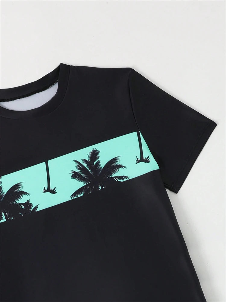 Boy Kids Swimsuit Solid Coconut Tree Print Children Swimwear Summer Two Piece Beach Shorts Beach Bathing Suit Swimming