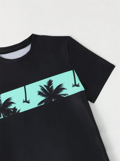 Boy Kids Swimsuit Solid Coconut Tree Print Children Swimwear Summer Two Piece Beach Shorts Beach Bathing Suit Swimming