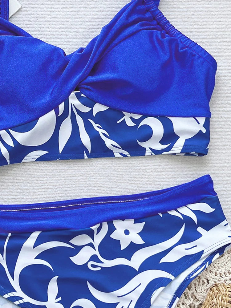 Blue Floral Patchwork Design Bikini Women High Waist Push UP Swimsuit Summer Backless Swimwear Summer Beach Lady Bathing Suit