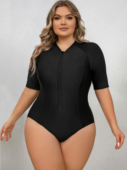Plus Size Black Color Rashguard Women One Piece Swimsuit Solid Swimming Suit For Big Woman Modest Swimwear Surfing Suit