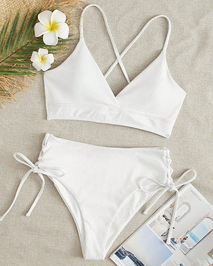 V-Neck Split Bikini Set for Women, Swimsuit, Lace Up, Triangular Bikinis, Solid Color, Beach Swimwear, Bathing Suit