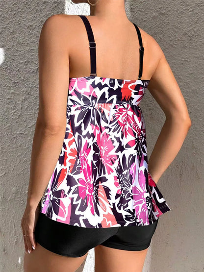 Print Strapped Tankini Two Pieces Swimsuit Women High Waist Shorts Swimwear Female Bathing Swimming Swim Suit Beach Bathers