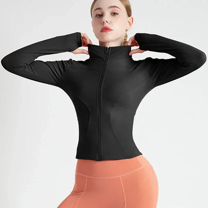 Slim Fit Lightweight Jackets With Thumb Holes Women's Full Zip-up Yoga Sports Running Jacket  For Workout