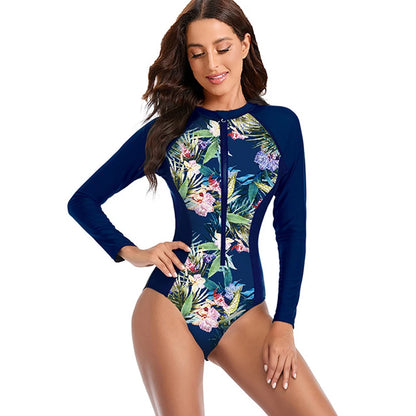 Womens Athletic One Piece Swimsuits Rashguard Long Sleeve Swimsuit Sports Surfing Swimwear Bathing Suits Printed Half Zipper XXL