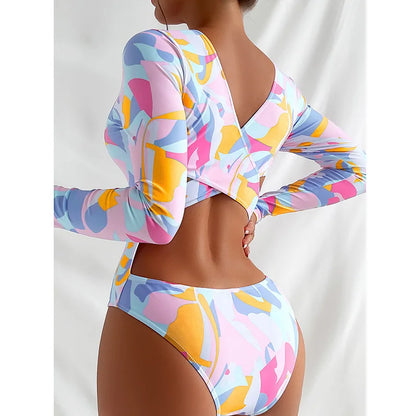 Surfing Sport Long Sleeves Swimsuit For Women Floral Printed High Quality Swimwear Patchwork Bathing Suit Tropical Summer