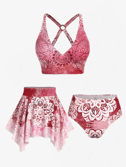 Plus Size Women's Three-Piece Padded Tankini Swimsuit Stripe Colo block Bikinis Set, Or Purple Ethnic Printed Swimwear