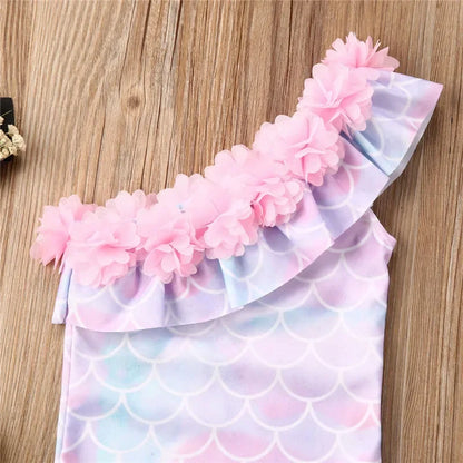 Baby Girls  Bathing Suit Sleeveless Fish Scale Print Swimsuit Ruffle Flower Neckline Swimwear