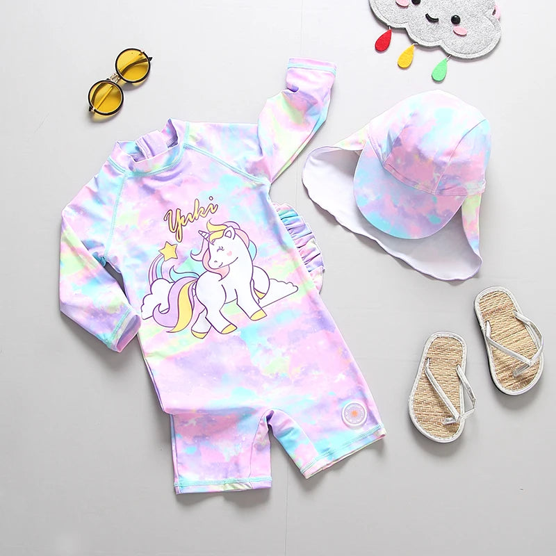 Baby Swimsuit UPF50 UV Protection Kids Swimwear for Girls Long Sleeve Bathing Suit Toddler One-Piece Cartoon Infant Beachwear