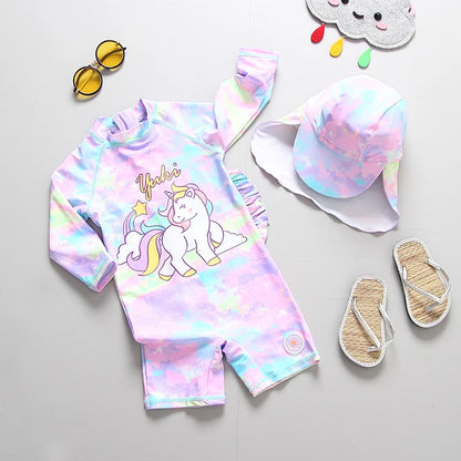 Baby Swimsuit UPF50 UV Protection Kids Swimwear for Girls Long Sleeve Bathing Suit Toddler One-Piece Cartoon Infant Beachwear