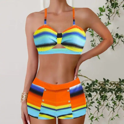 Summer Beach Striped Print Ruched Bikini Set Swimwear Bathing Suit For Women