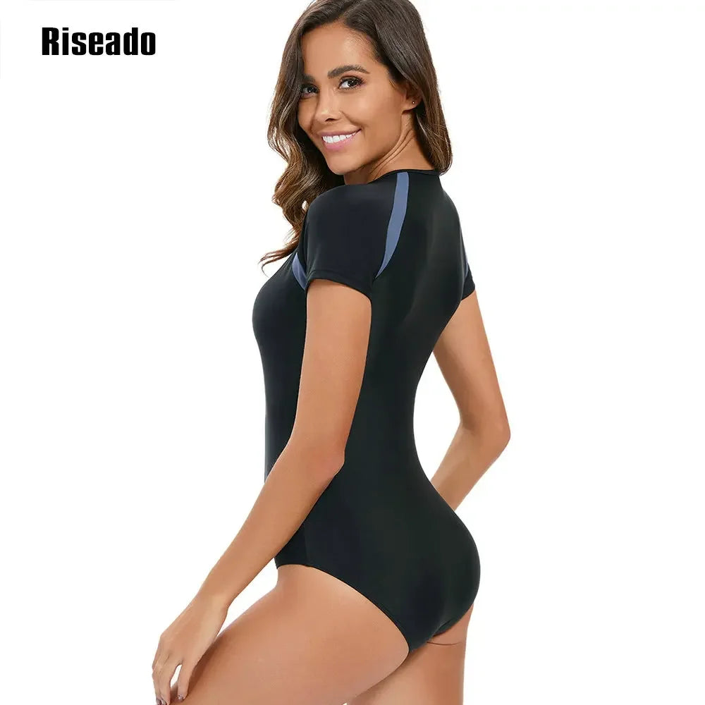 Short Sleeve Rash Guard Women's One Piece Swimsuit Athletic Bathing Suits Training Sport Swimwear for Teen Adult