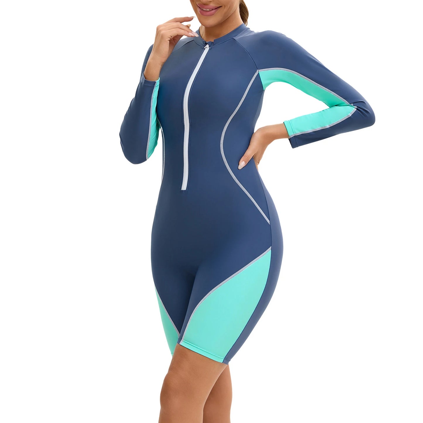 Women's Swim Leotard Long Sleeves Chest Pads Boyleg Shorty Bodysuit One-piece Athletic Swimsuit Color Block Swimwear Bathing Suit
