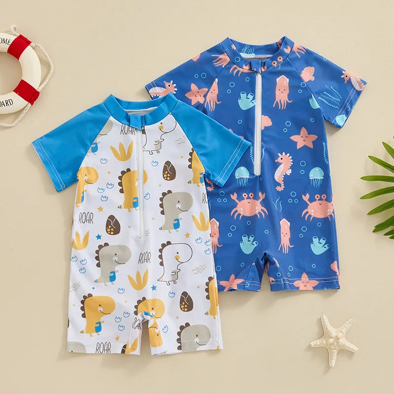 0-36months Toddler Boys Rash Guard Swimwear Cartoon Marine Print Swimsuits For Boys Front Zipper One_piece Bathing Suits