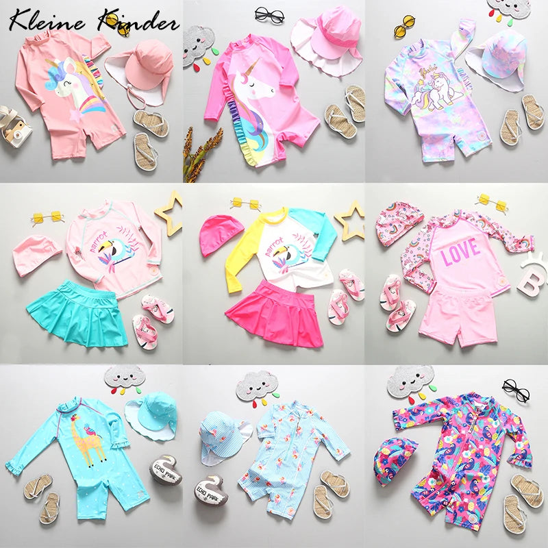 Baby Swimsuit UPF50 UV Protection Kids Swimwear for Girls Long Sleeve Bathing Suit Toddler One-Piece Cartoon Infant Beachwear