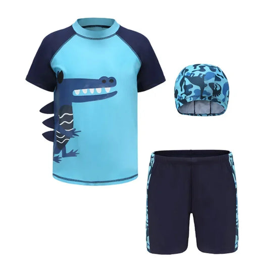 Children's Cartoon Shark Short Sleeve Split Swimwear with Swim Cap, Sun Protection Beach Wear, Baby Boys Swimsuit