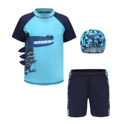 Children's Cartoon Shark Short Sleeve Split Swimwear with Swim Cap, Sun Protection Beach Wear, Baby Boys Swimsuit