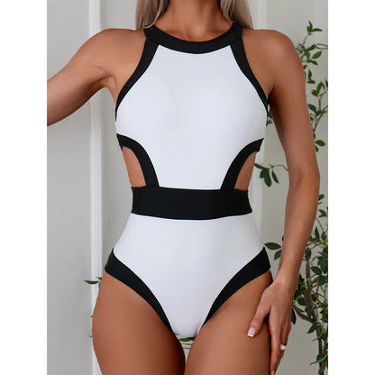 Cut Out One Piece Swimsuit Women Swimwear Sports Monokini Bodysuit White Swim Suit Bathing Suit High Waist Beachwear Summer