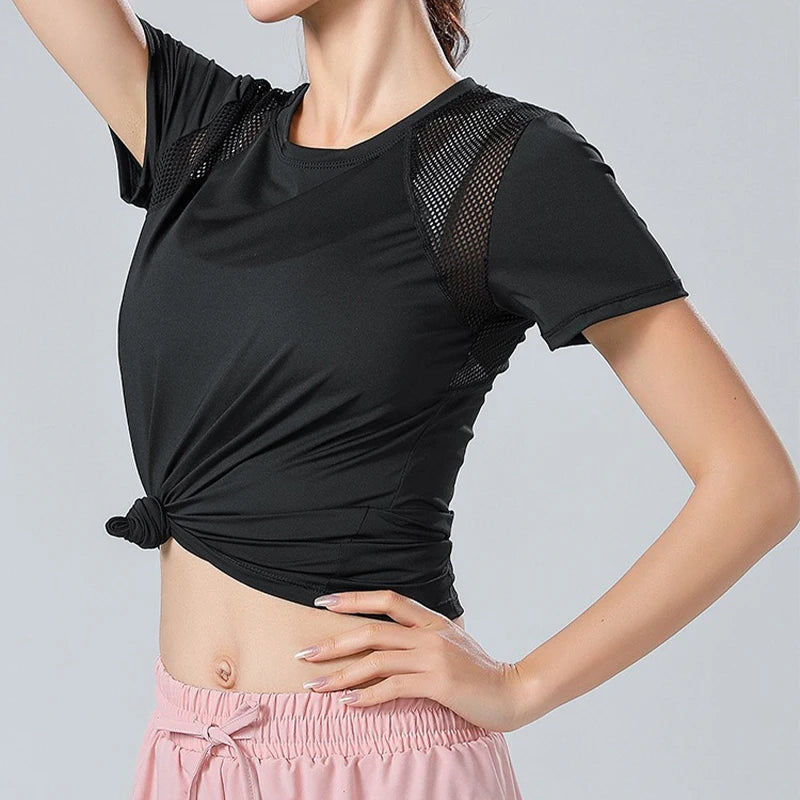Reflective Printed Yoga Tops Women's Mesh Splicing Crew Neck High Elasticity Breathable Fitness Pilates Exercise Shirts