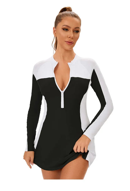 Woman Tankini Color Block Long Sleeve Two-Piece Swimsuit - Modest Skirted Beachwear Swimwear Bathing Suit Women