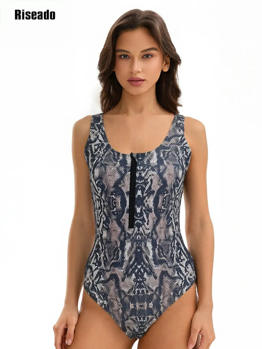 Women's One Piece Swimsuit Snake Skin Print Bathing Suits Zip Front Sleeveless Swimwear Pool-beach Clothes