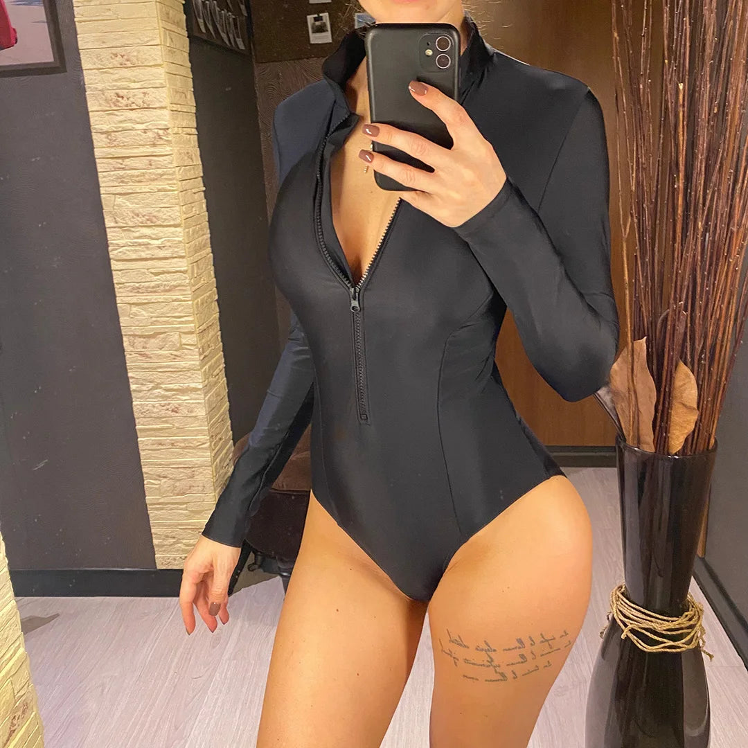 S - 2XL 4 Colors Long Sleeve With Zipper Surf Rash Guard One Piece Swimsuit Women Swimwear Female Bather Bathing Suit Swim