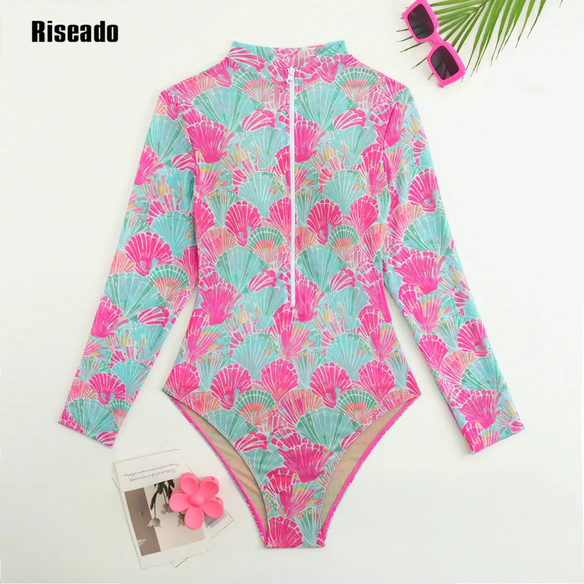 Women's Mesh Beach Suit Printed High Waist Surfing One Piece Swimsuit with Long Sleeves Large Size