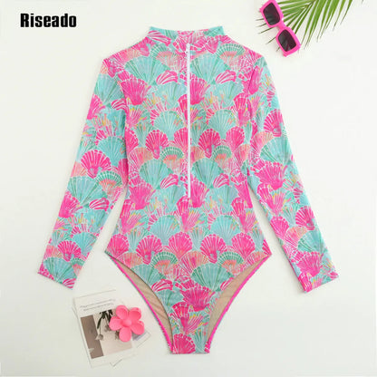 Women's Mesh Beach Suit Printed High Waist Surfing One Piece Swimsuit with Long Sleeves Large Size