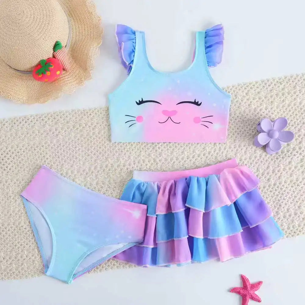 Padded Girls Swimsuit 3 Pieces Bikini With Beach Skirt Kids Swimwear Female Children's Bathers Bathing Swimming Swim Suit