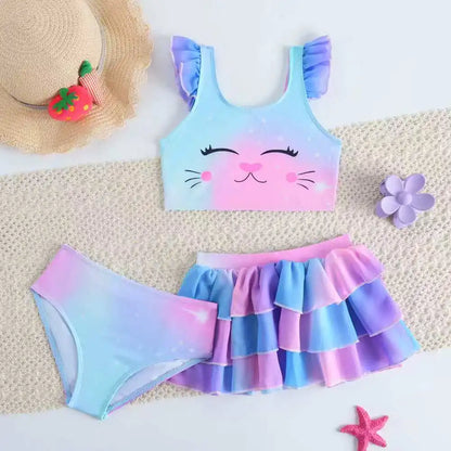 Padded Girls Swimsuit 3 Pieces Bikini With Beach Skirt Kids Swimwear Female Children's Bathers Bathing Swimming Swim Suit