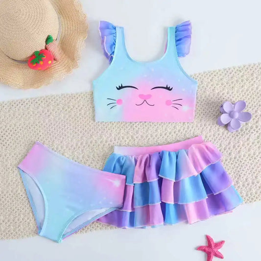 Padded Girls Swimsuit 3 Pieces Bikini With Beach Skirt Kids Swimwear Female Children's Bathers Bathing Swimming Swim Suit