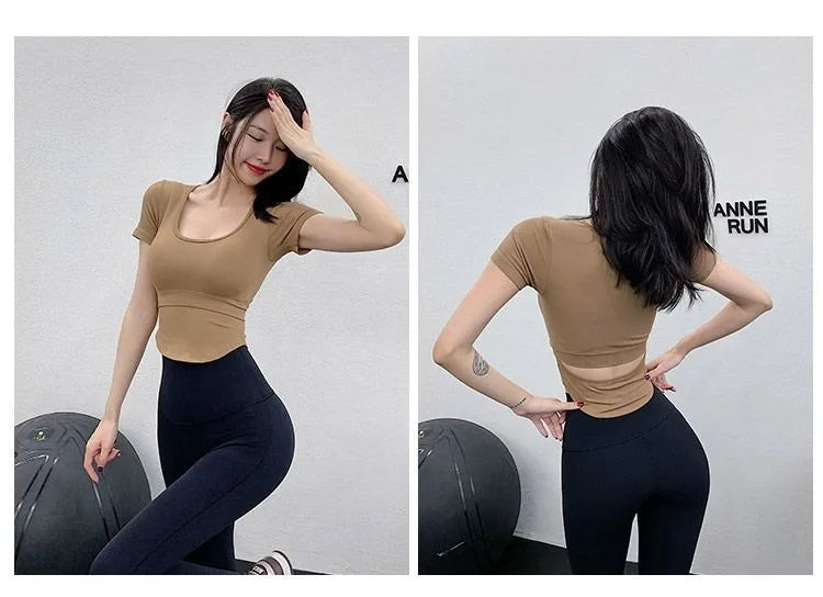 Aiithuug U Neck Yoga Bra Crop Bra Short Sleeve Ribbed Gym Crop Pilates Bras Gym Bra Workout Crops Fitness Top Running Crops