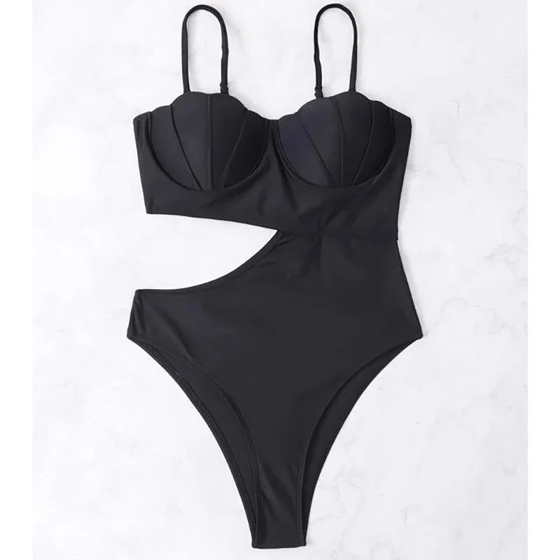 Pink Strapped Swimwear Women Underwire Push Up One Piece Swimsuit Monokini Halter Hollow Bathing Suit